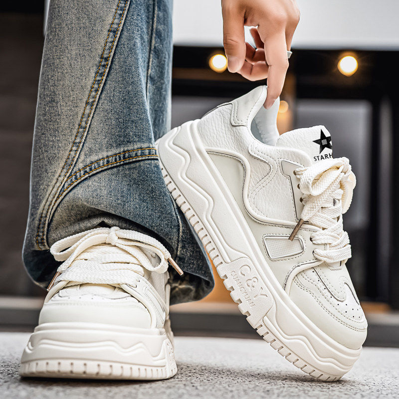 男鞋春季2026新款潮牌皮面厚底板鞋休闲运动增高通勤百搭小白潮鞋,流行男鞋,时尚休闲鞋,淘宝优惠券,粉丝福利购,淘宝优惠卷