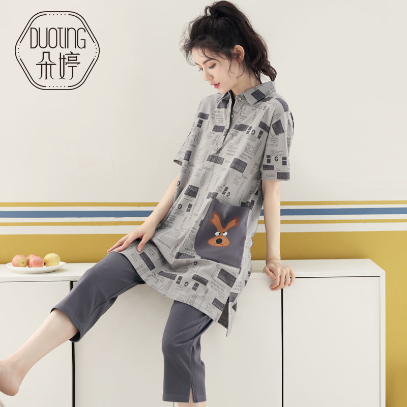 睡衣女夏季纯棉短袖七分裤卡通家居服全棉长款居家服薄款外穿套装