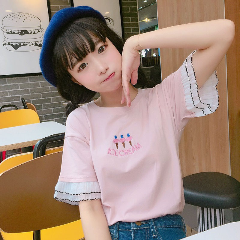 2018夏季新款小清新女装日系少女可爱刺绣韩版拼接短袖T恤上衣潮