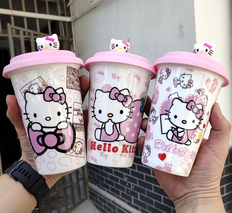 陶瓷杯子咖啡杯奶杯可爱水杯粉卡通杯KTM随手杯直桶杯带硅胶盖子