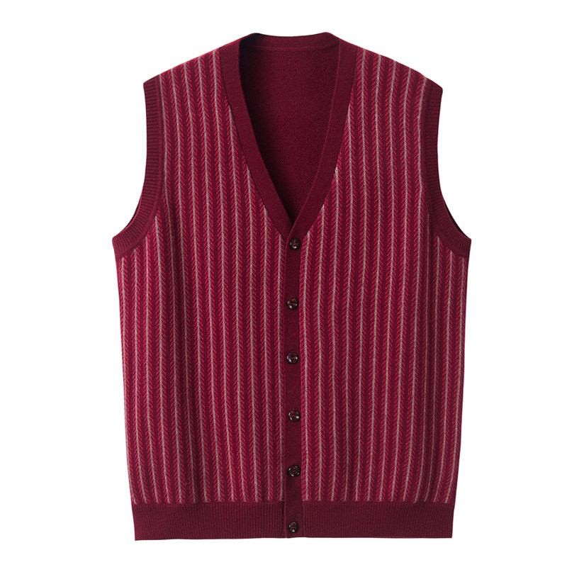 阿绒源山羊绒男开背V领对襟带扣毛背心中老年外搭加厚马甲爸坎肩