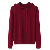 阿绒源100山羊绒连帽女套衫 红色带帽系带针织宽松学院风运动毛衣