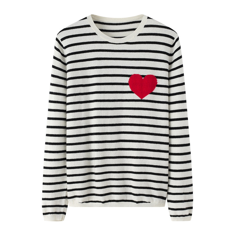 阿绒源100%山羊绒夹条女套衫圆领心形提花针织衫休闲内搭贴身毛衣