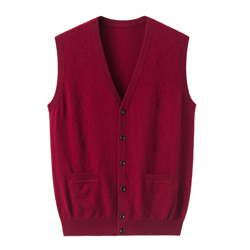阿绒源纯羊绒男马甲内蒙古发货产V领红色外搭坎肩商务中老年开背