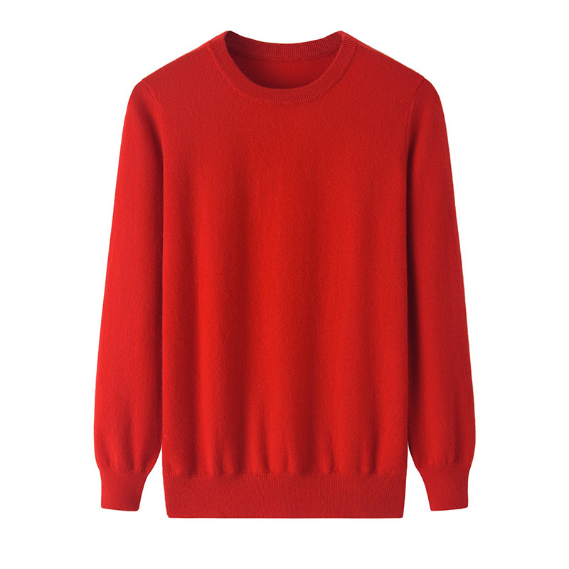 阿绒源100山羊绒圆领男套衫内蒙古发货产红色打底衫宽松百搭毛衣