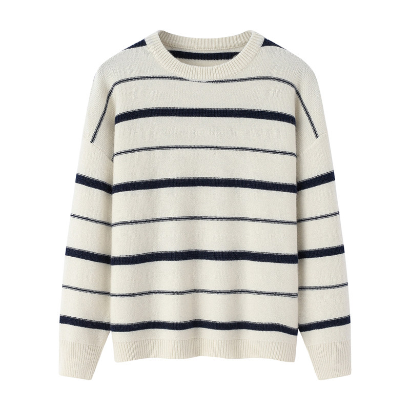 阿绒源羊绒夹条女套衫圆领落肩袖条纹针织羊毛衫宽松休闲内搭毛衣