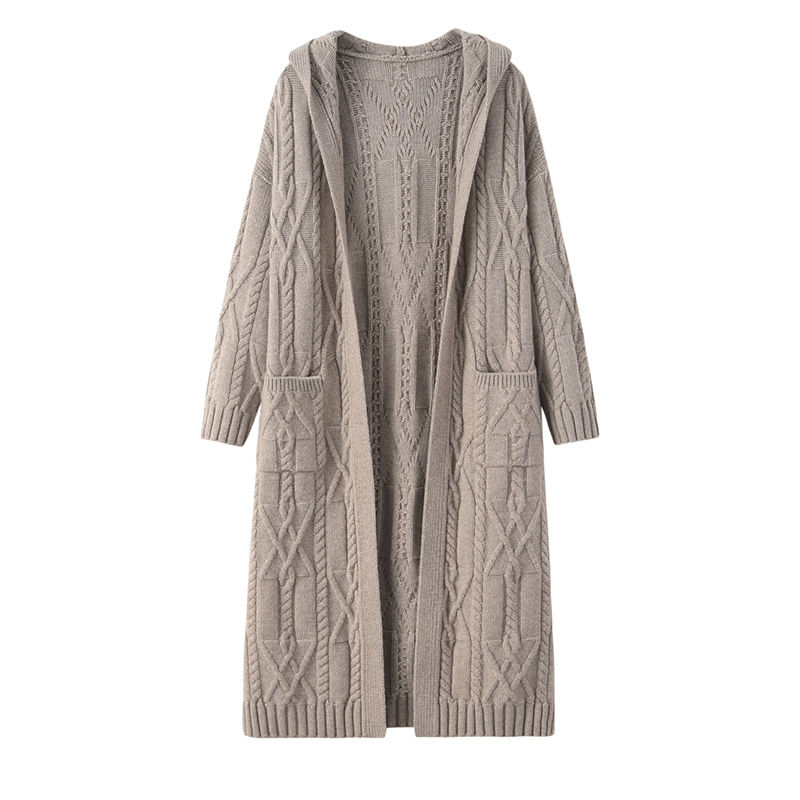 中长款连帽绞花宽松外穿毛衣开衫