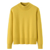 阿绒源100山羊绒短款 女套衫 内蒙古发货半高领黄色针织双股毛衣厚