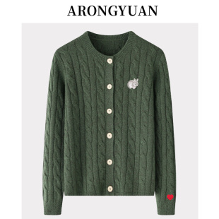 100山羊绒绞花女开衫鄂尔多斯市圆领加厚双股针织衫保暖休闲毛衣