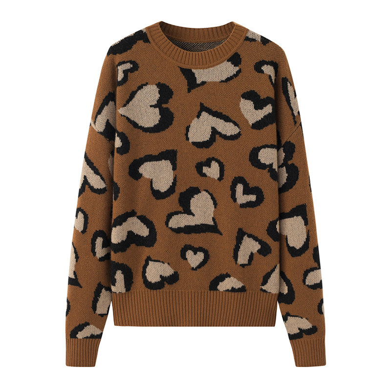 阿绒源100%山羊绒三色心形配色女套衫低圆领双提加厚宽松休闲毛衣