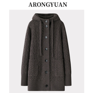 粗针加厚4股中长款~100山羊绒连帽女开衫鄂尔多斯市绞花大衣外套