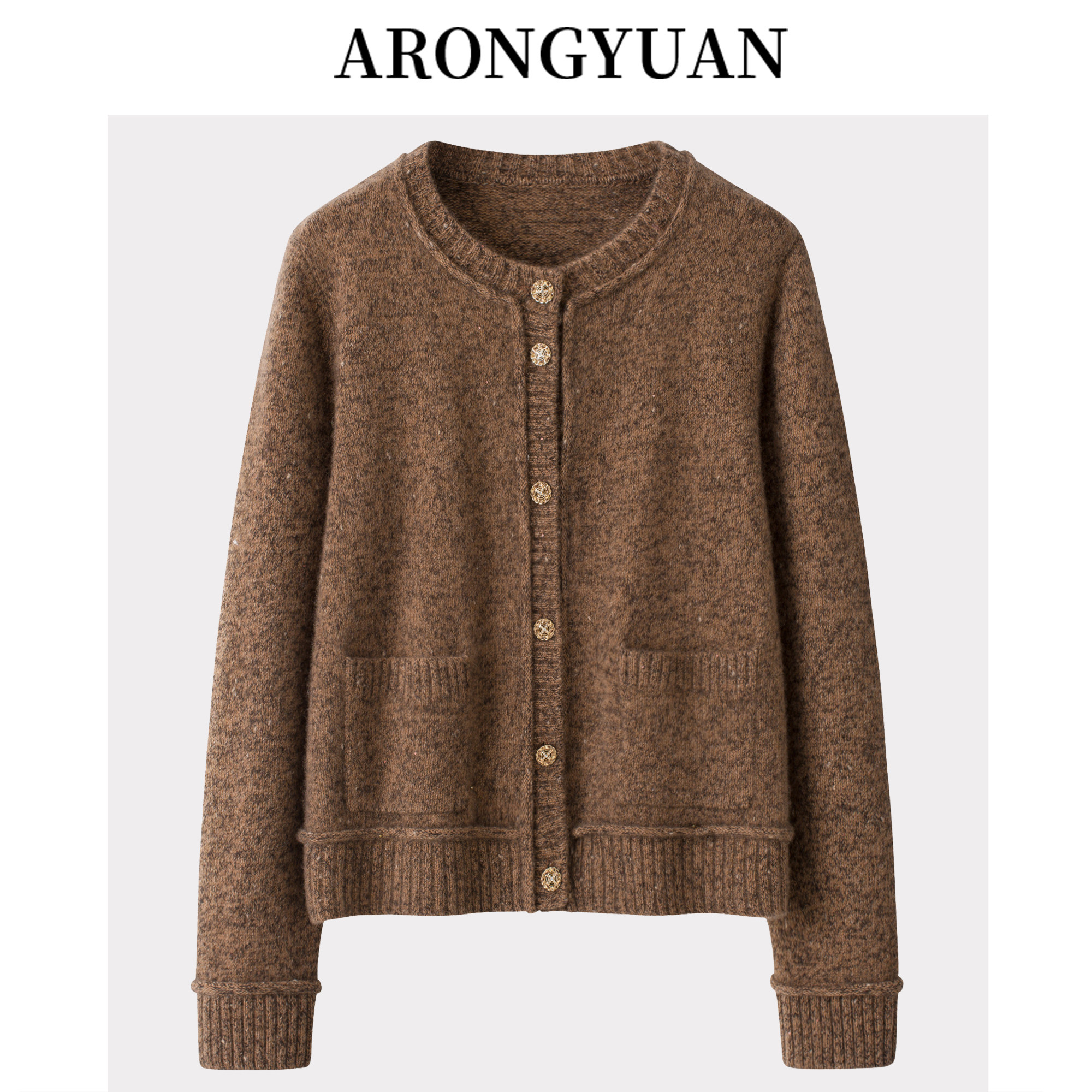 100山羊绒粗针花纱装饰带兜女开衫~新品圆领加厚针织毛衣高端减龄