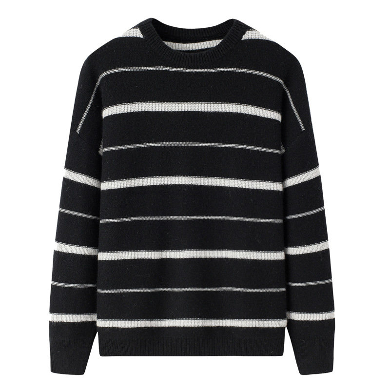 阿绒源山羊绒夹条女套衫圆领黑白条纹针织羊毛衫加厚宽松休闲毛衣
