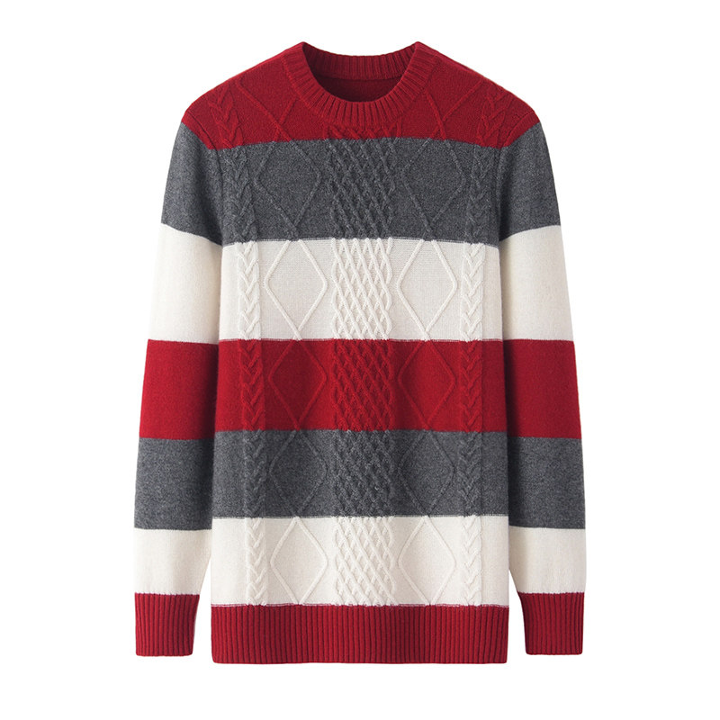 阿绒源100%山羊绒夹条男套衫圆领加厚双股菱格绞花针织衫休闲毛衣