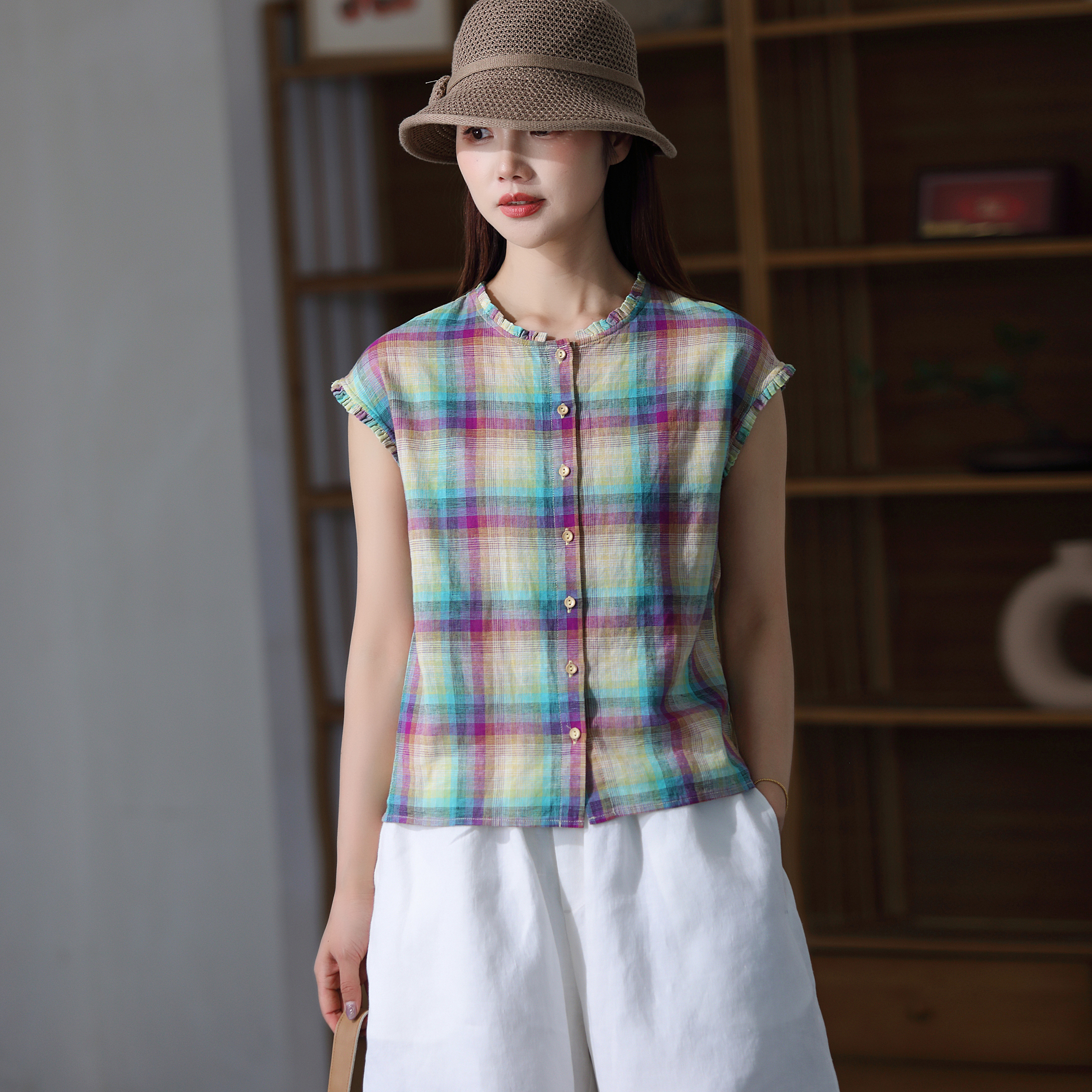 2025夏新款高级感穿搭色织亚麻木耳花边开衫上衣衬衫5002