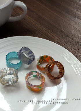 复古小众树脂晕染戒指女日韩简约气质冷淡风指环个性气质食指戒