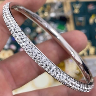 满钻纯银镀金手镯情侣仿白金高碳钻半圈镶钻石手镯男女kS手镯