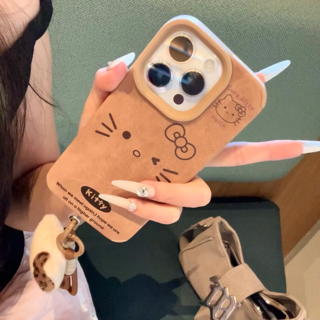棕色复古kitty表情适用苹果16promax手机壳女iphone15pro新款14proplus贴皮13max全包ip12防摔xsmax手机套