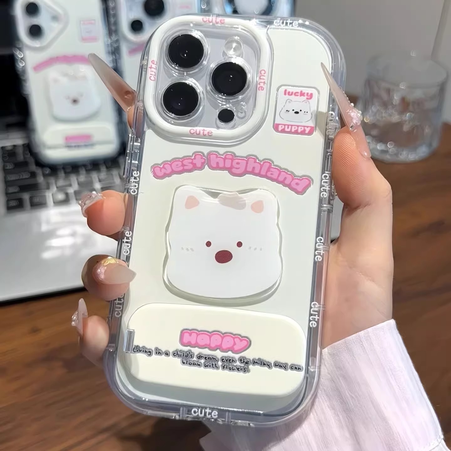 lucky白色西高地支架新款适用苹果16Pro手机壳iPhone15max12小米14华为mate60pura80k70opporeno13荣耀200s19