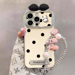 波点立体黑色蝴蝶结适用苹果16pro手机壳iPhone15max13小米14华为mate60pura80K70荣耀200x90reno11nova12s19