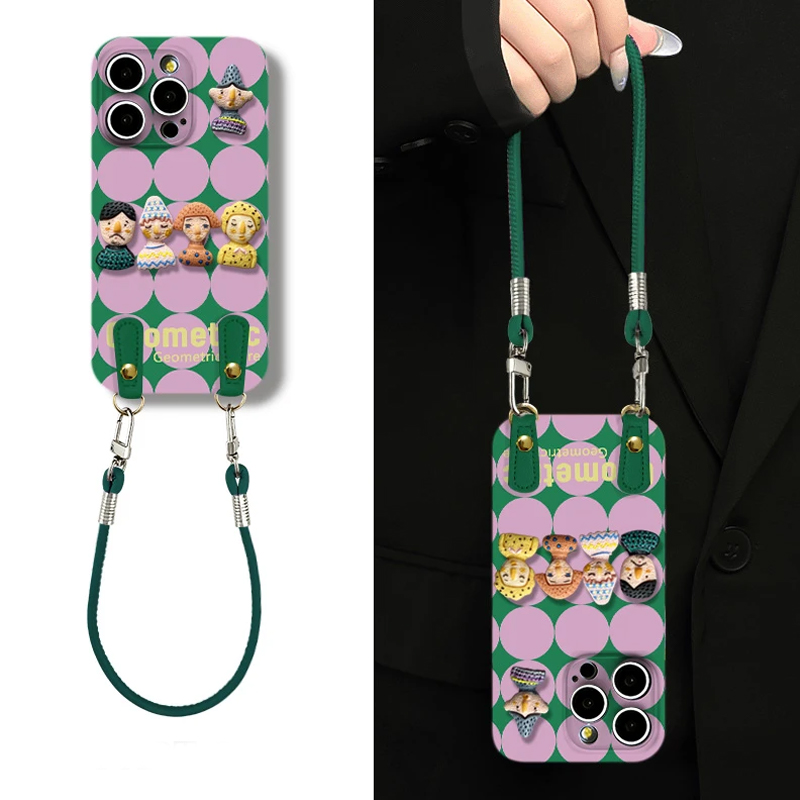 粉绿圆格子挂绳新款适用苹果17pro手机壳iPhone16max小米15华为mate70pura80k60reno14荣耀400nova13vivos30
