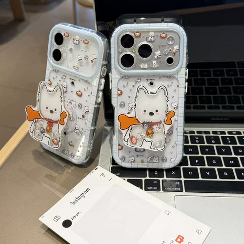 格纹小狗西高地支架适用苹果18promax16手机壳iPhone17pro13小米18华为mate80pura90K100nova15x200reno14s60
