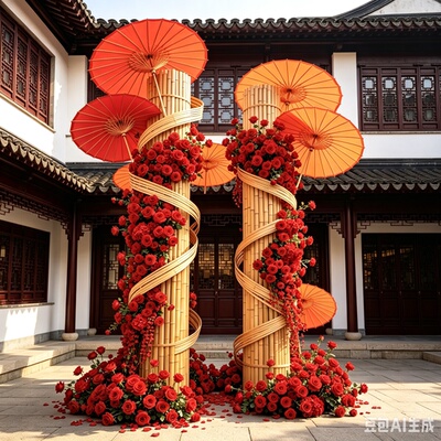 网红竹柱装饰红色仿真花竹子美陈