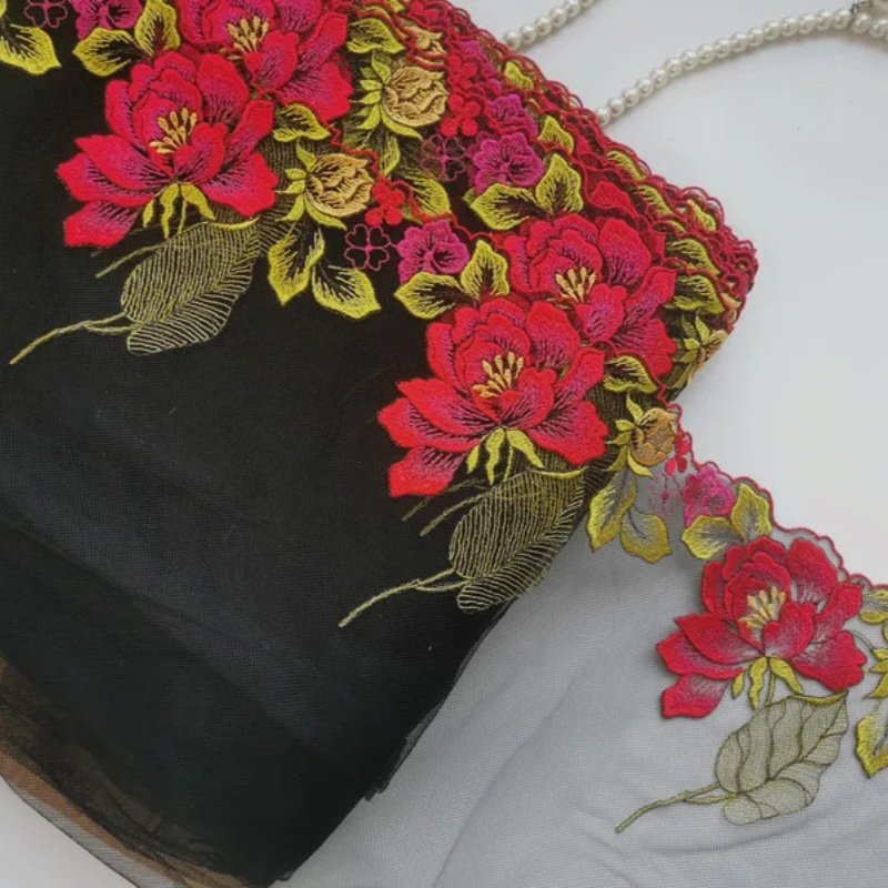 12A5黑色大花网纱刺绣蕾丝花边辅料裙边服装制衣内衣旗袍汉服diy