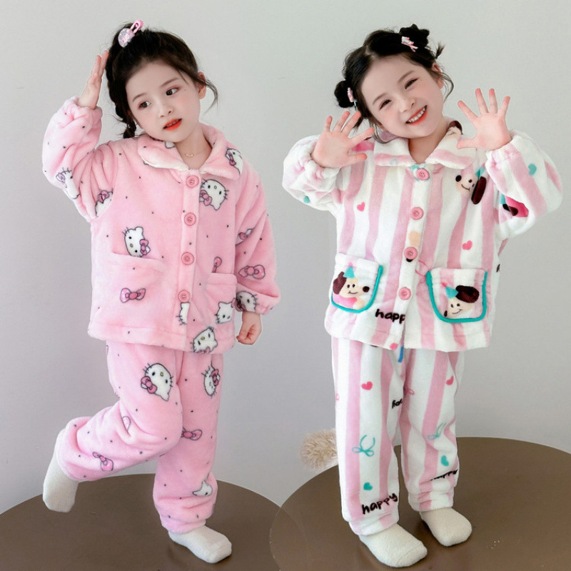 儿童睡衣女孩冬季珊瑚套装绒加绒加厚款女童宝宝法兰绒公主家居服