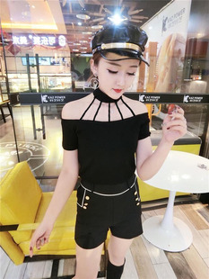 上衣 夏季 韩版 网红洋气小性感镂空挂脖漏胸露肩修身 纯棉T恤女短袖