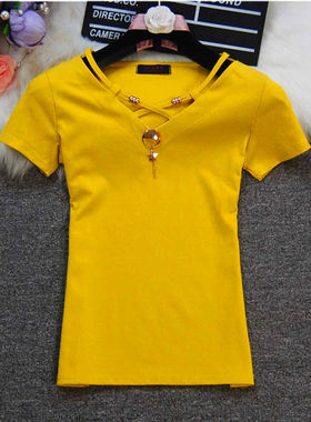 95棉夏季半袖性感女装V领黄色韩版百搭纯色上衣t恤女短袖修身显瘦