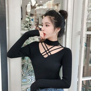 秋冬新款长袖交叉镂空漏锁骨针织打底衫女修身性感加绒加厚上衣潮