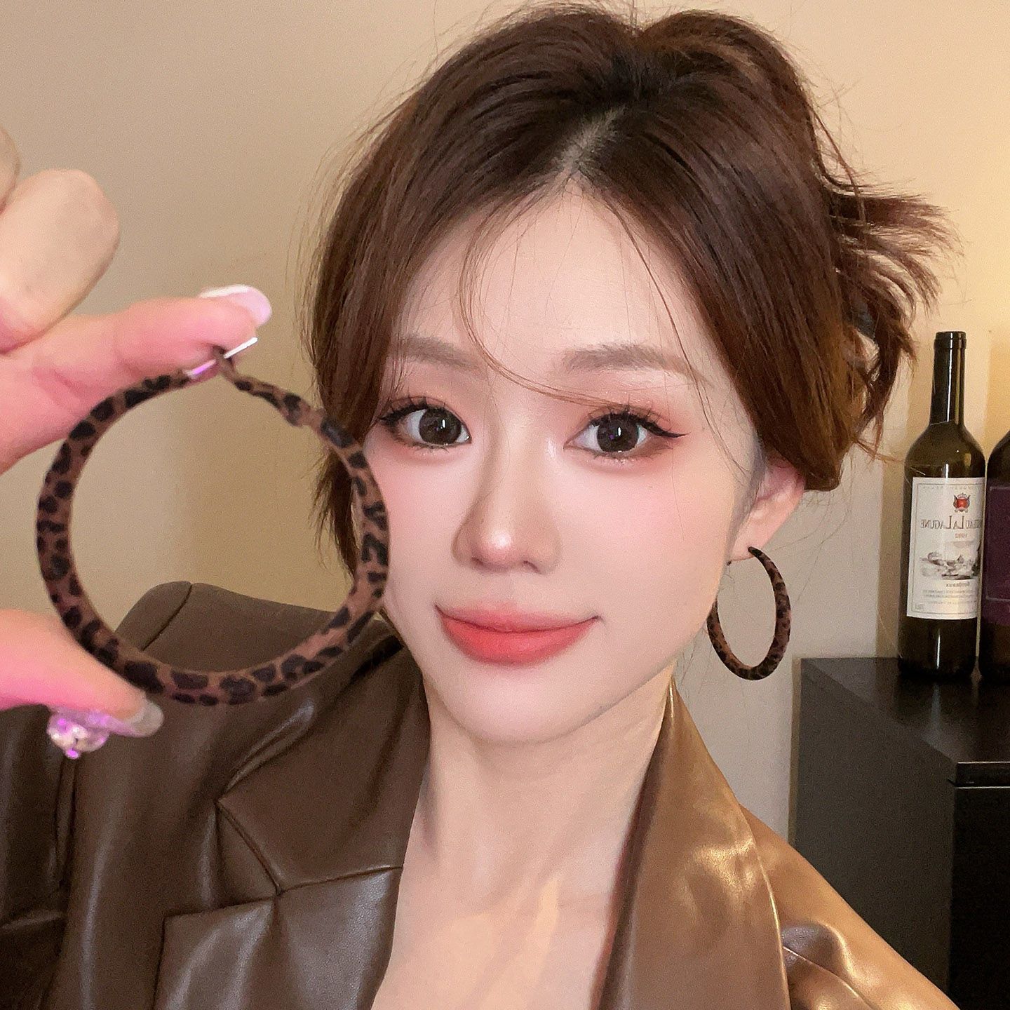 豹纹港风圆圈耳环女复古圈圈耳环高级感气质耳圈耳钉个性辣妹耳饰