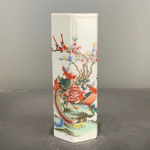 仿古玩大清光绪年制粉彩花鸟图纹六角笔筒仿古玩瓷器笔筒摆件收藏