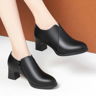 中年女士深口皮鞋 妈妈鞋 子软底软皮不磨脚春秋真皮防水台高跟单鞋