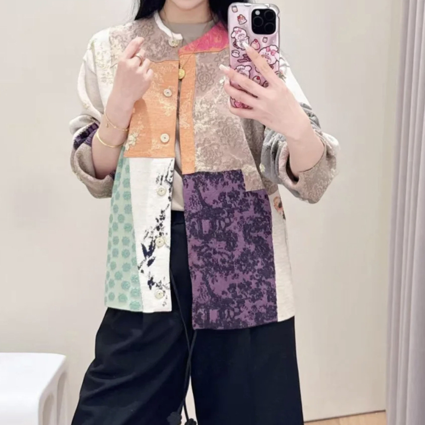 现货2026春新款时尚气质百搭圆领印花宽松显瘦外套上衣女2K1YE19