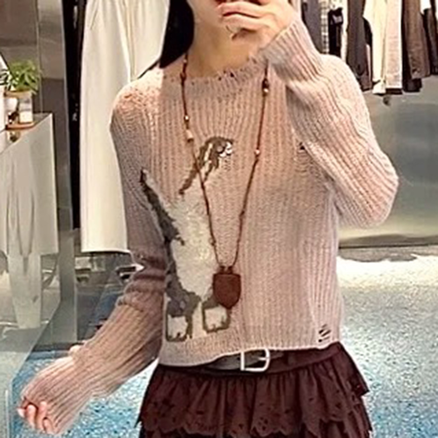 现货2025冬季新款时尚甜美兔子提花破洞短毛衣针织衫女RL90601293