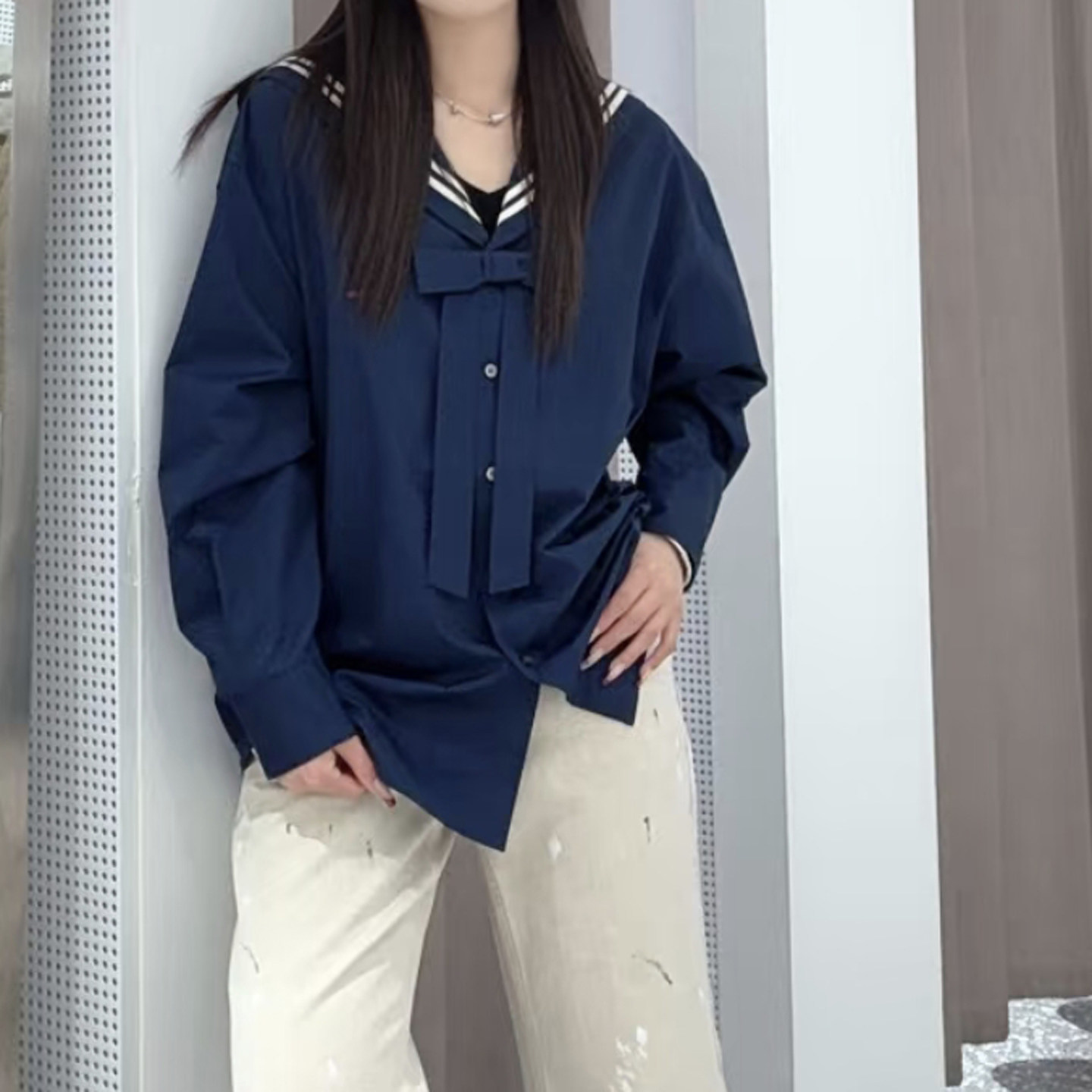 现货2026春季新款减龄学院风刺绣海军领长袖衬衫女UY26152C163164