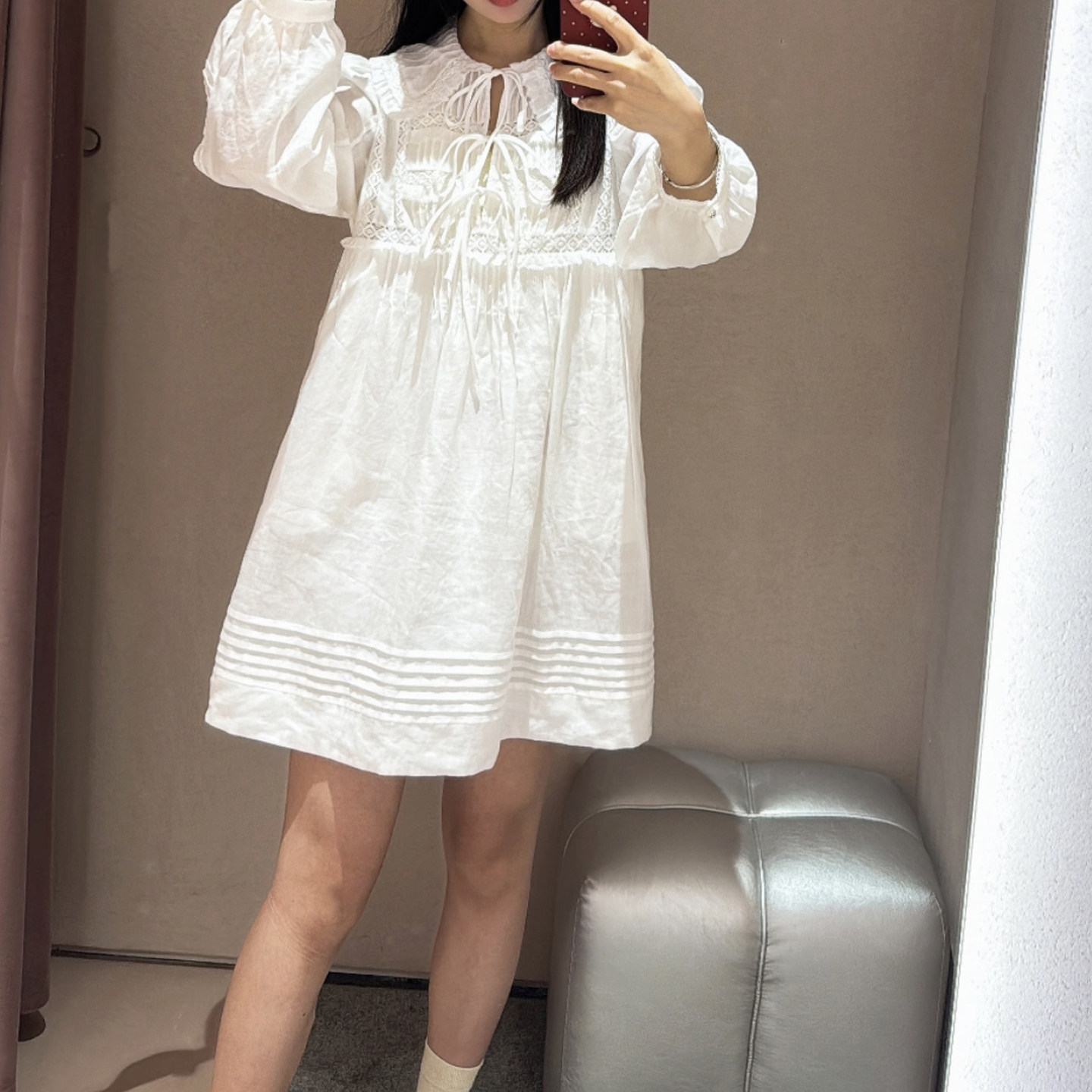 现货2026春新时尚气质娃娃领系带长袖白色中长款连衣裙女3K1OB36