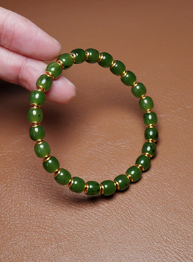 秋会长的和田玉新疆天然碧玉NGTC籽料老型珠22K金盾手串手链6x7mm