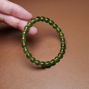 秋会长的和田玉新疆天然碧玉NGTC籽料老型珠22K金盾手串手链6x7mm