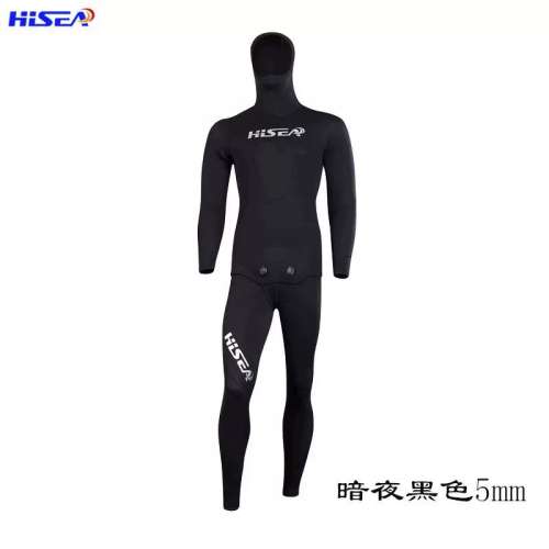 议价维修全新HISEA潜水服，5mm厚度暗夜黑色款，连体设计带帽子，