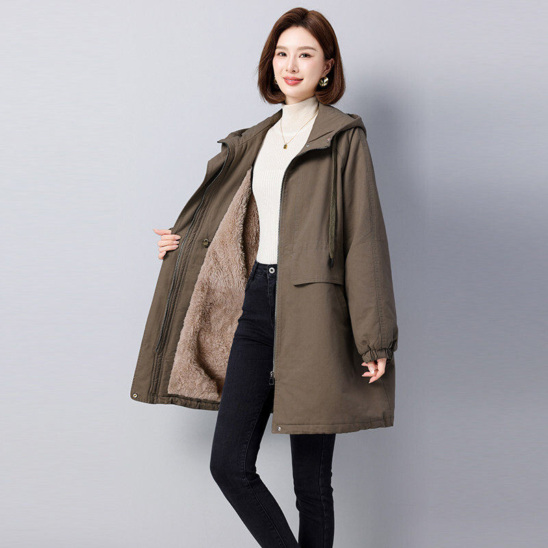 冬季女中长加绒连帽派克服保暖