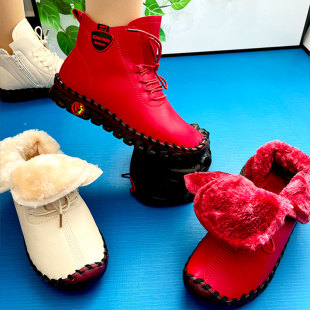 中老年短靴 不累脚舒适妈妈鞋 女士棉靴软底牛筋底大码 真皮加绒冬鞋
