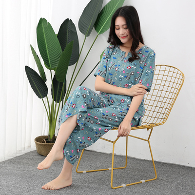 梅高尔人造棉绸睡衣套装女夏绵绸家居服短袖阔腿裤可外穿妈妈装