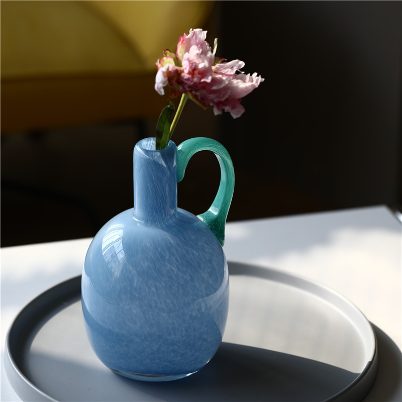 法式中古单耳玻璃花瓶ins氛围桌面电视柜软装酒店装饰水培彩色瓶