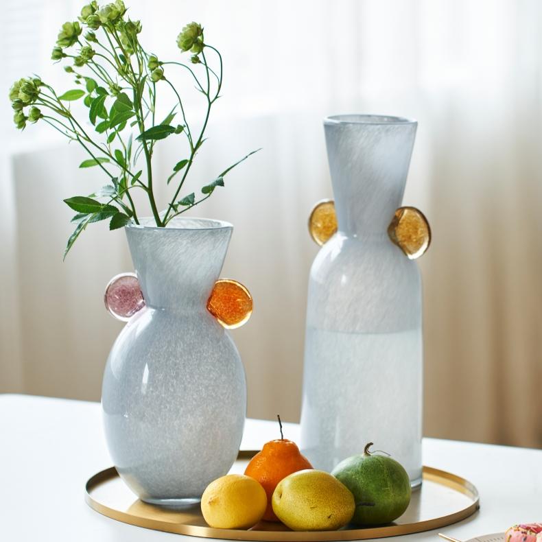 bixuan 玻璃浅灰双耳彩色钵花盆摆件家居客厅干花插花台面花瓶