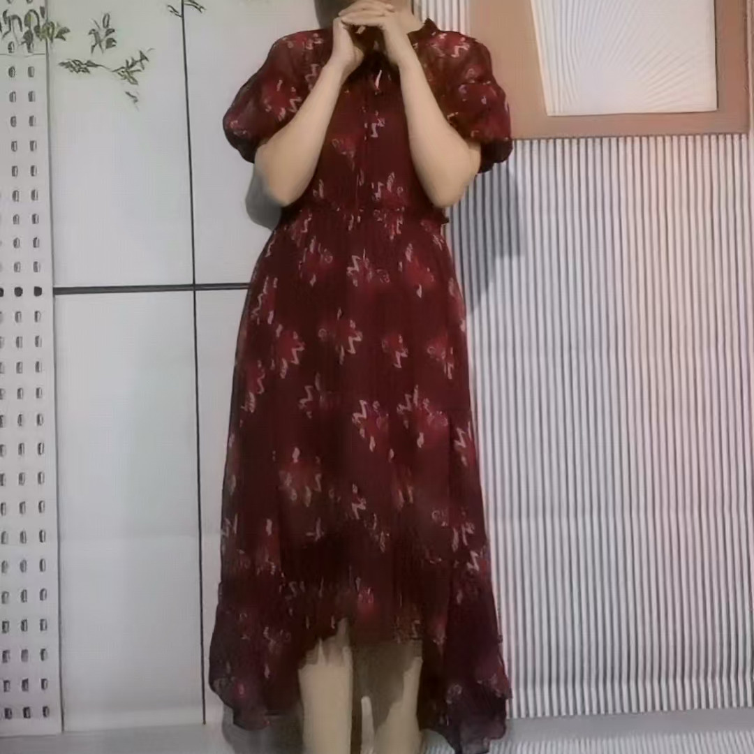 修身连衣裙长款薄纱裙气质显白酒红花裙花边领泡泡袖不规则大裙摆