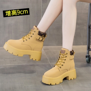 9cm小个子内增高马丁靴女秋冬英伦风厚底大黄靴粗跟短靴加绒棉靴
