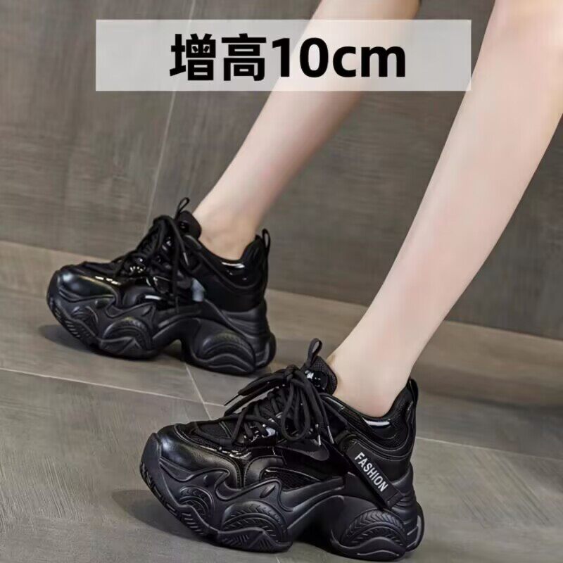 10cm黑色厚底内增高老爹鞋女2026秋冬新款轻便增高女鞋真皮小白鞋